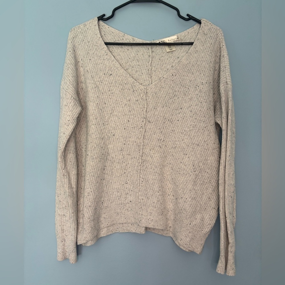 Kaisely For Anthropologie Womens Beige Speckled V Neck Seamed Sweater Sz Medium - Picture 1 of 5